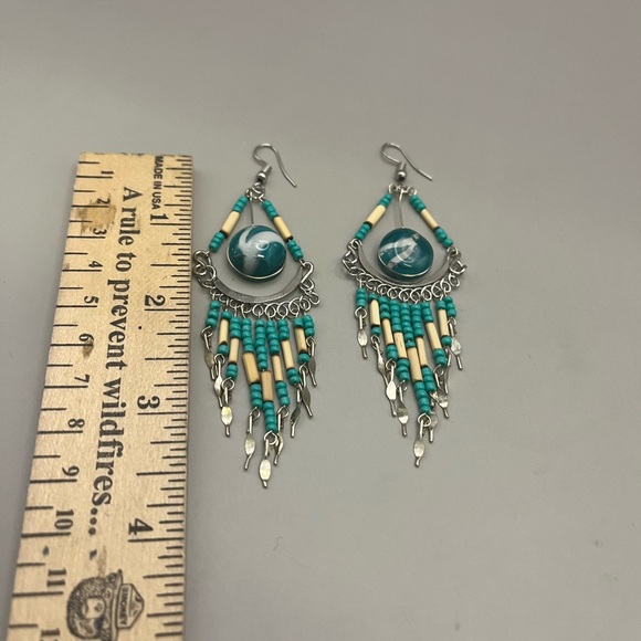Blue and Silver Tone Chandelier Earrings with Geometric Beadwork - Picture 2 of 2